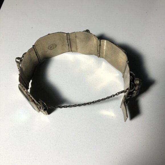 Vintage Sterling Silver Panel Bracelet Abalone Aztec Taxco Mexico Eagle Head - Picture 6 of 15